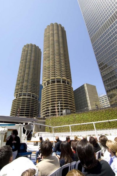 Tour boat on the river with Marina City