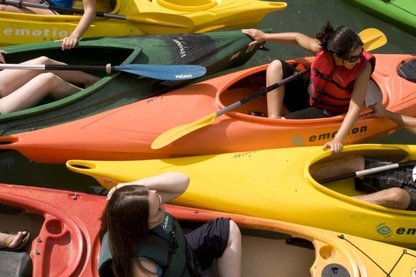 Group of colorful kayaks on Chicago River