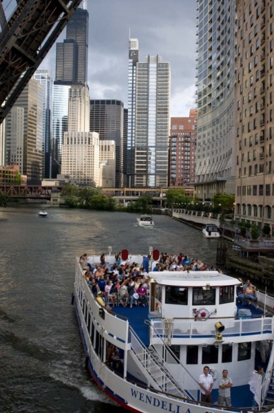 Tour boat on river and skyline with lifted bridge