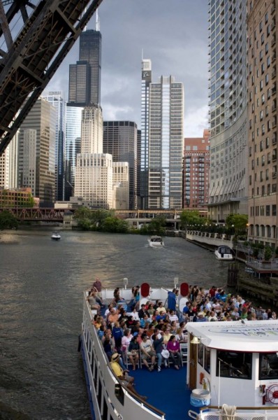 Tour boat on river and skyline with lifted bridge