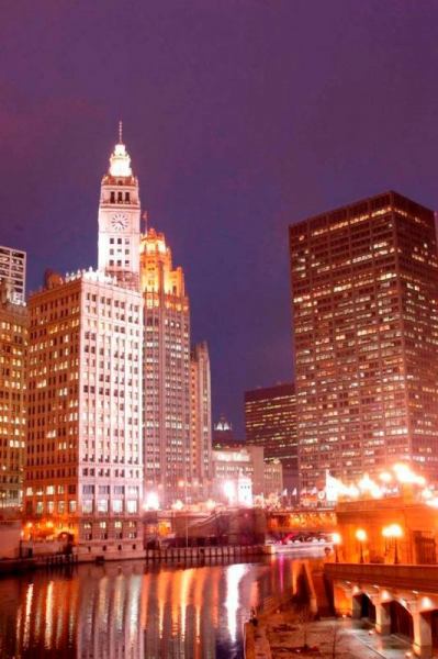 Chicago River at night with Wrigley Building