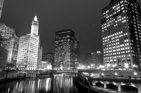 Chicago River at night with Wrigley Building