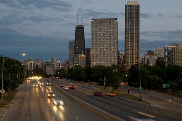 Skyline at dusk from North Avenue bridge, Lake Shore Drive