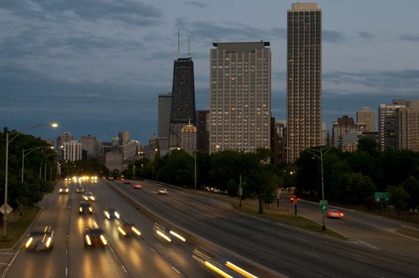 Skyline at dusk from North Avenue bridge, Lake Shore Drive