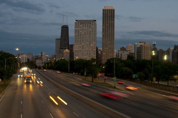 Skyline at dusk from North Avenue bridge, Lake Shore Drive