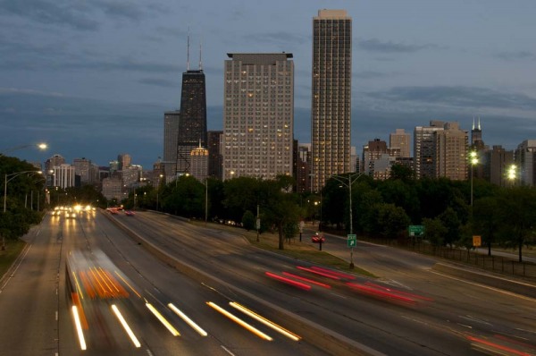 Skyline at dusk from North Avenue bridge, Lake Shore Drive