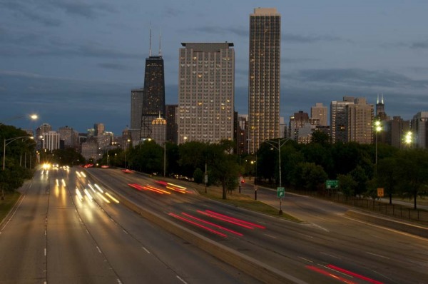 Skyline at dusk from North Avenue bridge, Lake Shore Drive