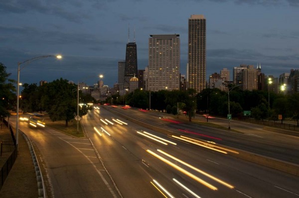 Skyline at dusk from North Avenue bridge, Lake Shore Drive