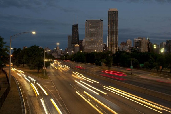 Skyline at dusk from North Avenue bridge, Lake Shore Drive