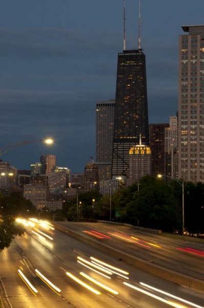 Skyline at dusk from North Avenue bridge, Lake Shore Drive