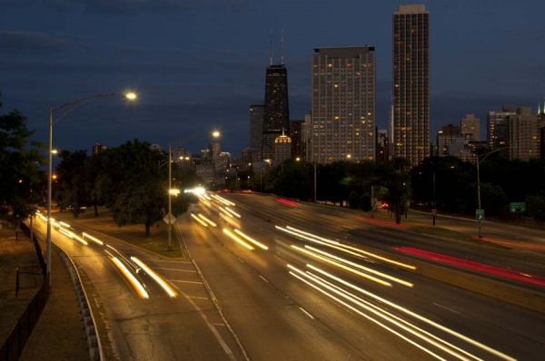 Skyline at dusk from North Avenue bridge, Lake Shore Drive