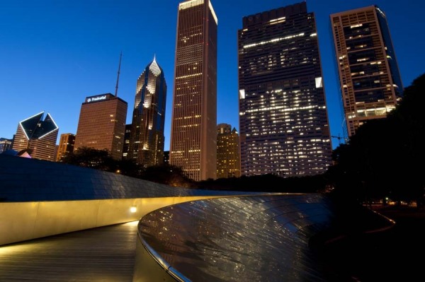 BP Bridge at Millennium Park and Chicago Skyline