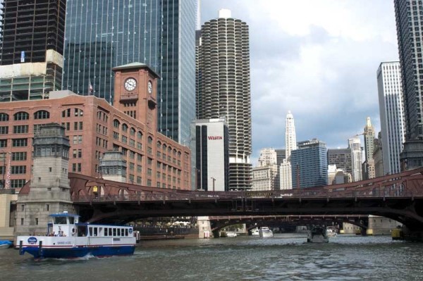 Chicago Skyline with river and bridge