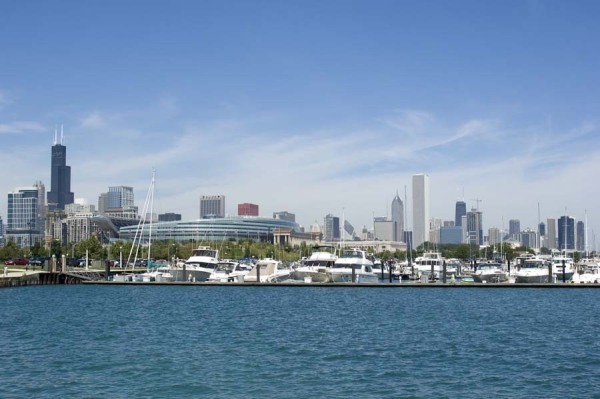 Chicago Skyline and Burnham Harbor and Soldier Field