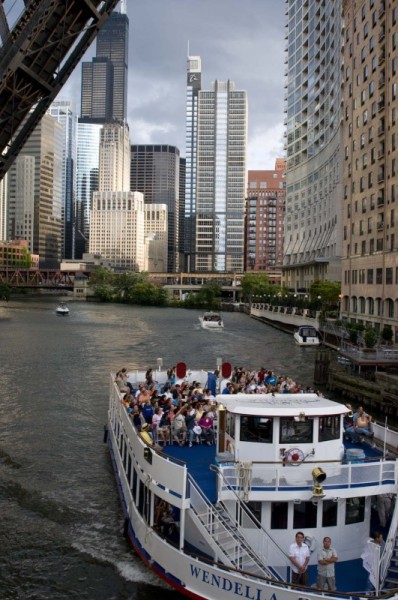 Chicago Skyline and river and boat